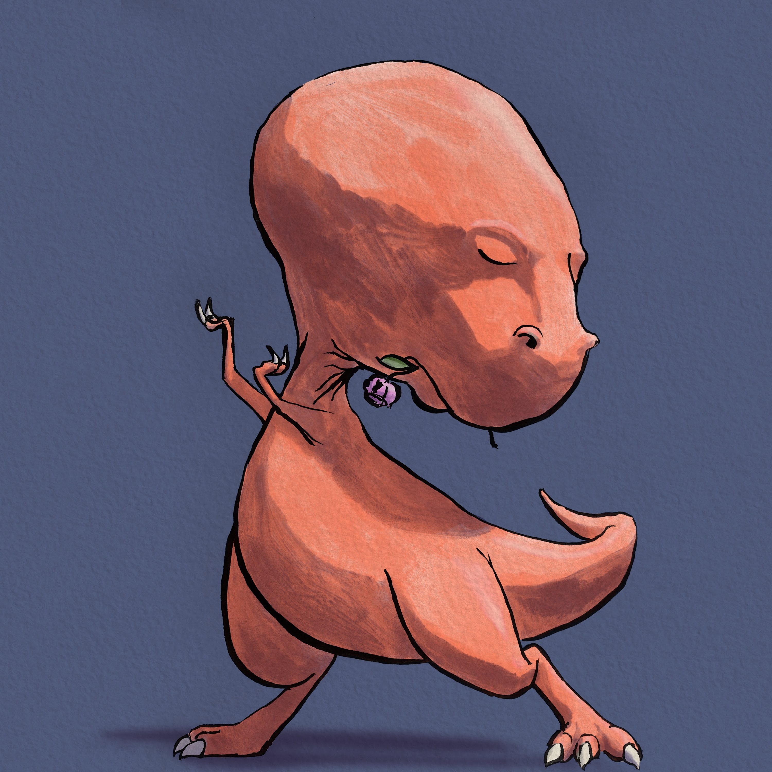 A digital illustration I drew of a T-rex dancing the tango by itself while holding a rose in his mouth.