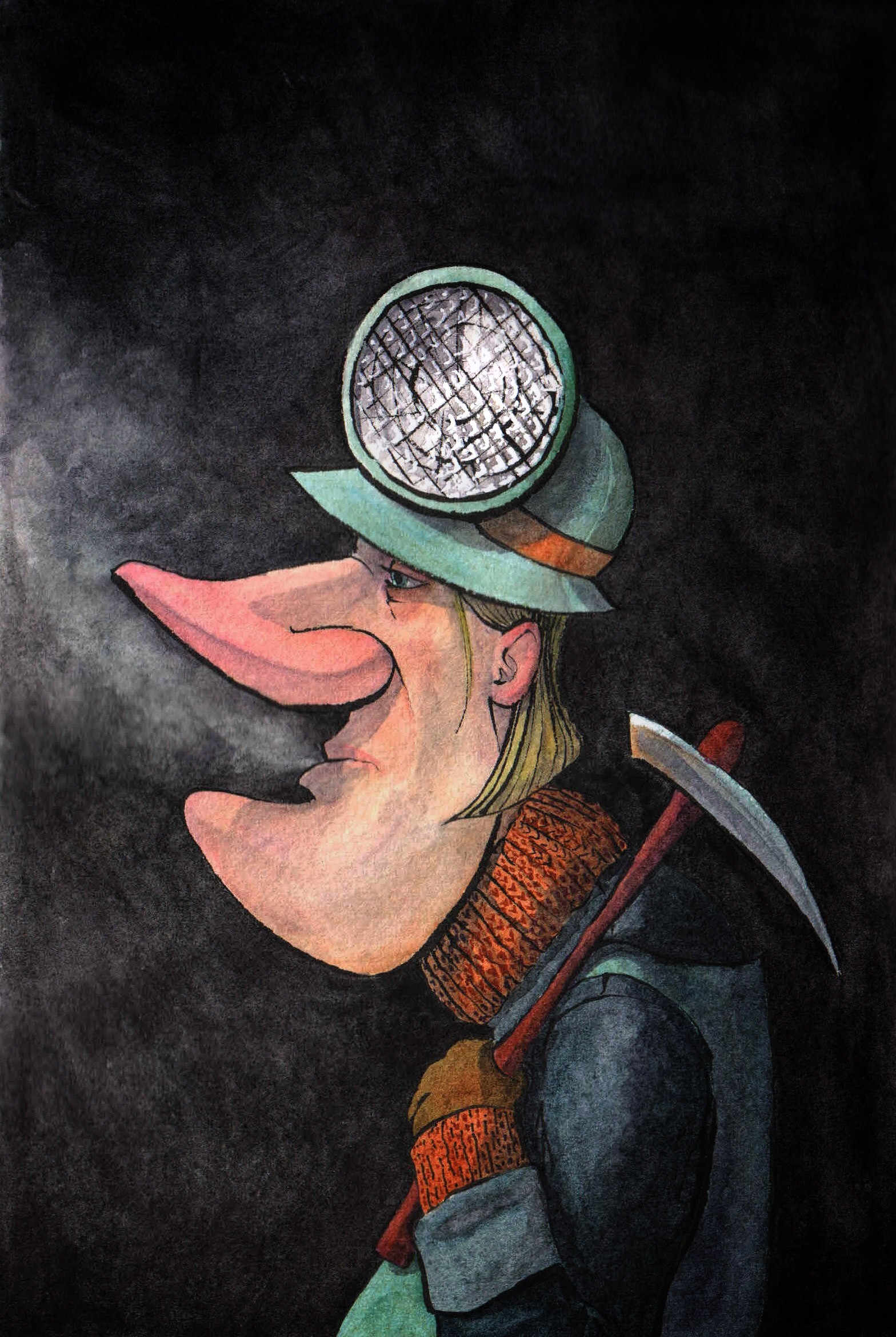 A watercolor illustration I painted of a coal miner, using an exaggerated, caricaturist style